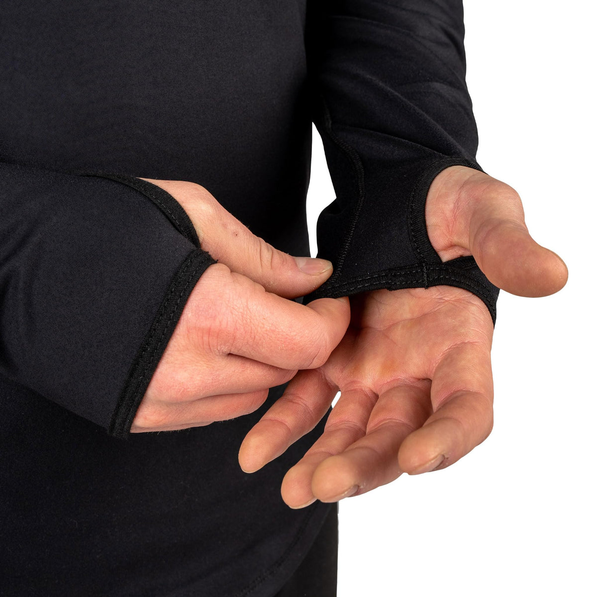 Black long-sleeve crew top with thumbhole cuff and contrast seam details