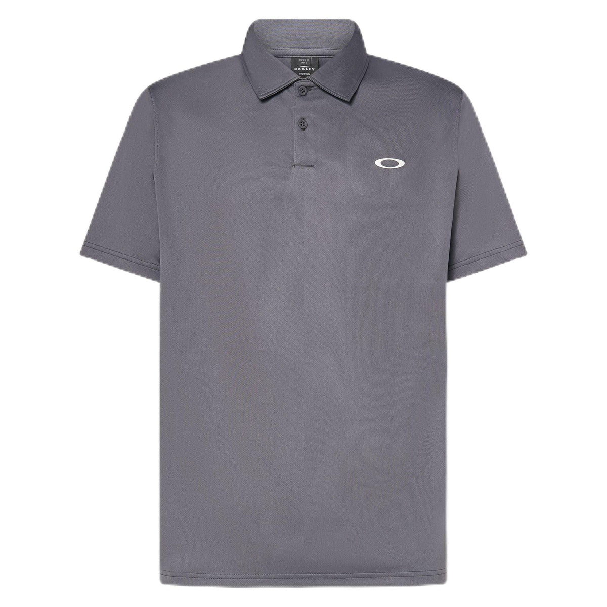 Men's recycled polo shirt in dark gray with button placket and small Oakley logo