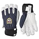 Kids waterproof patrol gloves, navy knit back, white leather palm, black wrist strap, pair