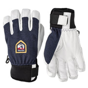 Kids waterproof patrol gloves with navy knit back, white leather palm, adjustable black cuff