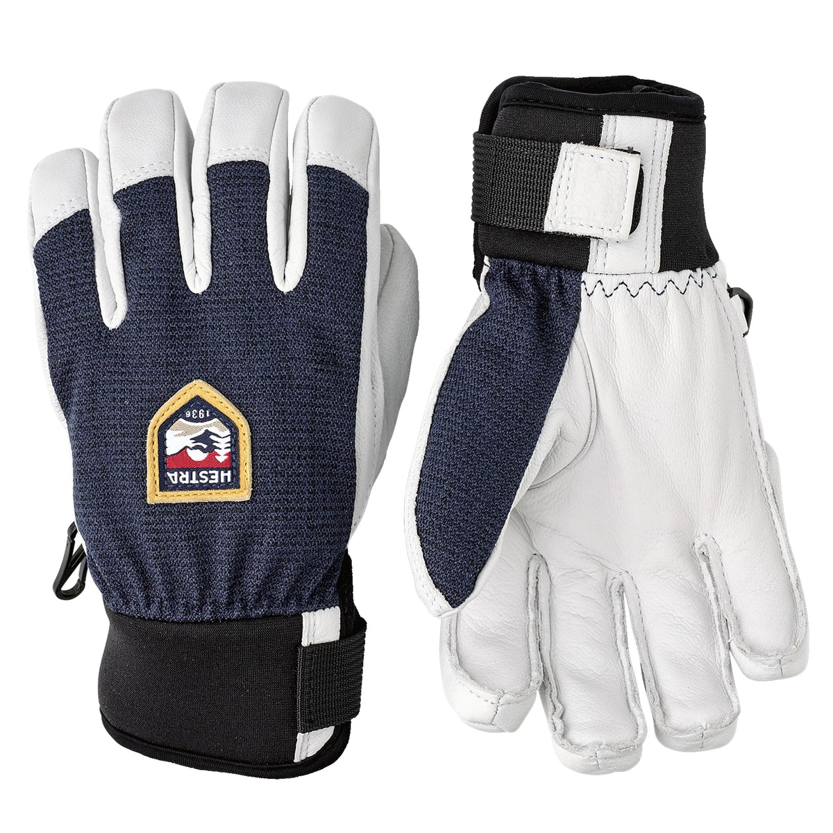 Kids waterproof patrol gloves with navy knit back, white leather palm, adjustable black cuff