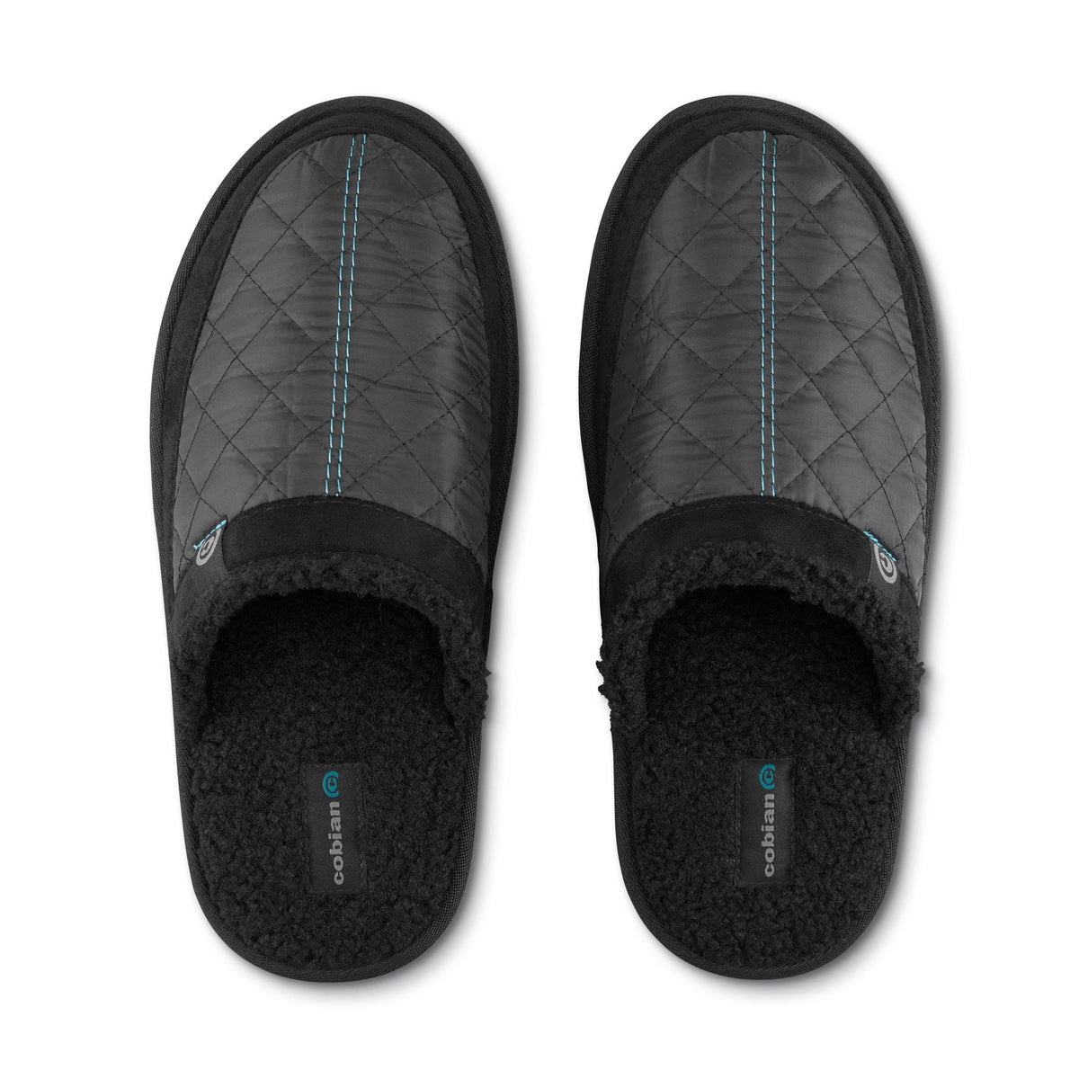 Black mule slipper with quilted upper, blue stitch trim, and fuzzy interior lining
