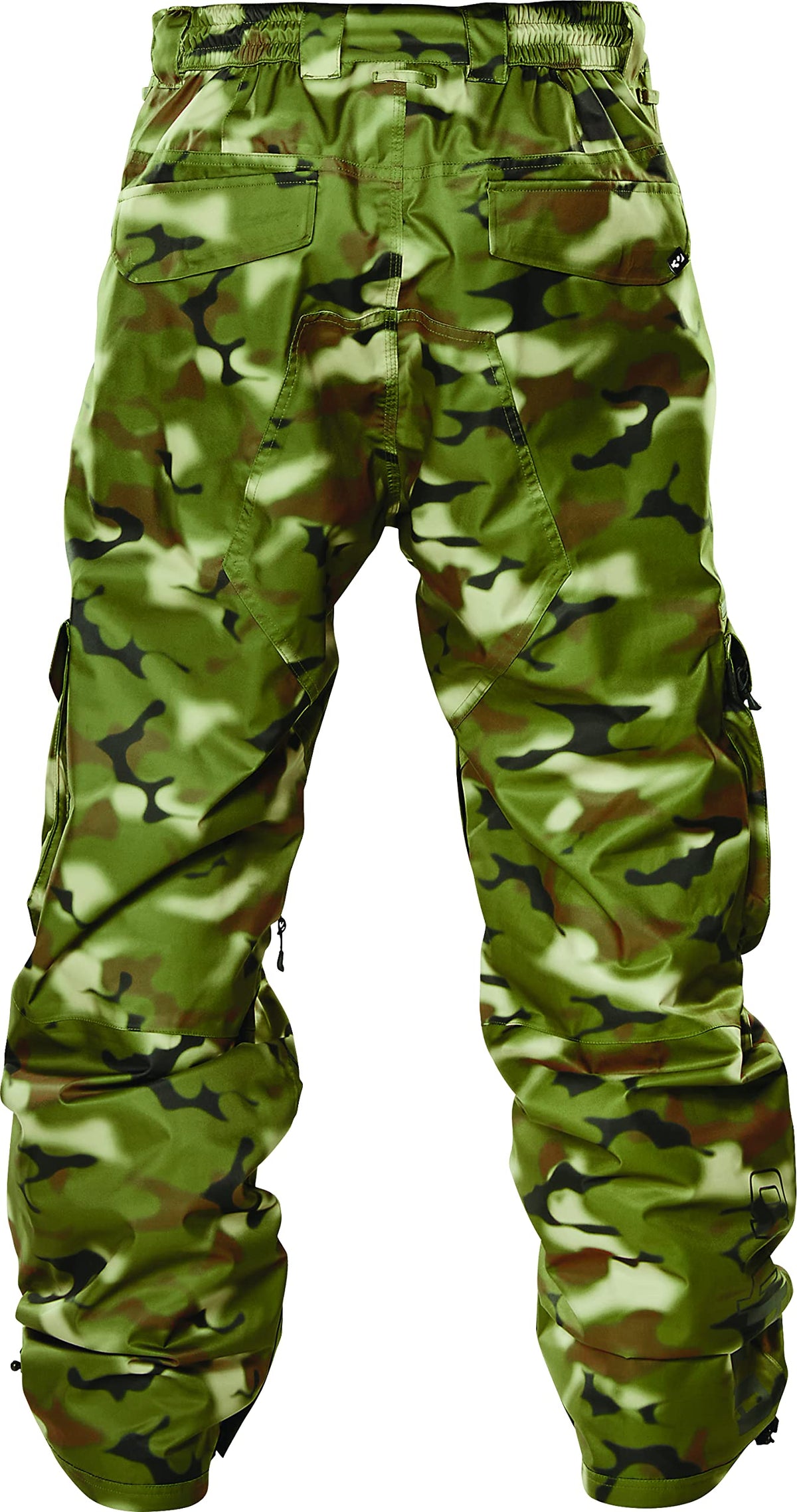 Men's camo winter cargo snow pants with belt loops and stitched knee panels