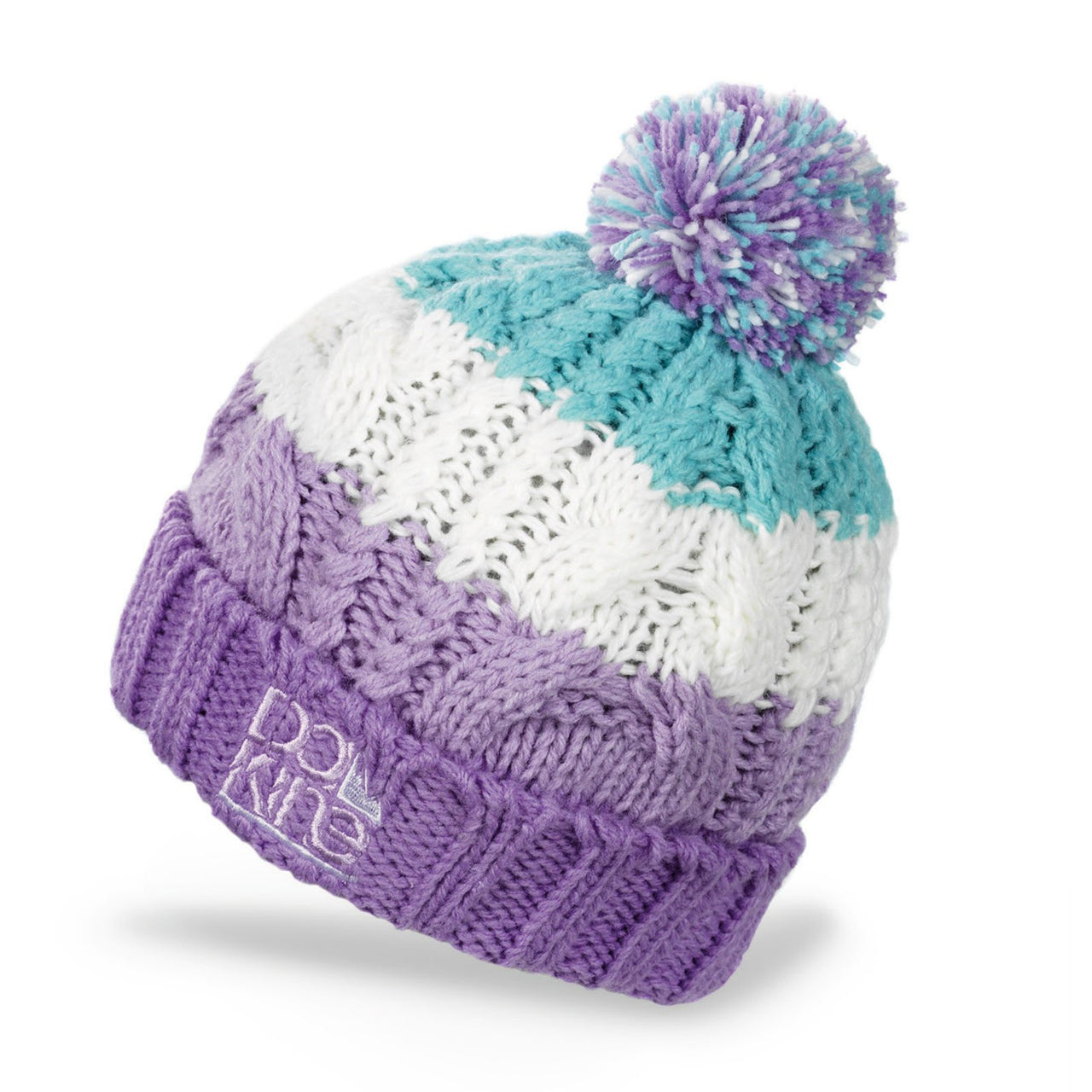 Dakine knit beanie with purple pom-pom, teal and white stripes