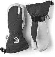 Women's ski gloves in dark gray and off-white with wrist strap and vented cuff design