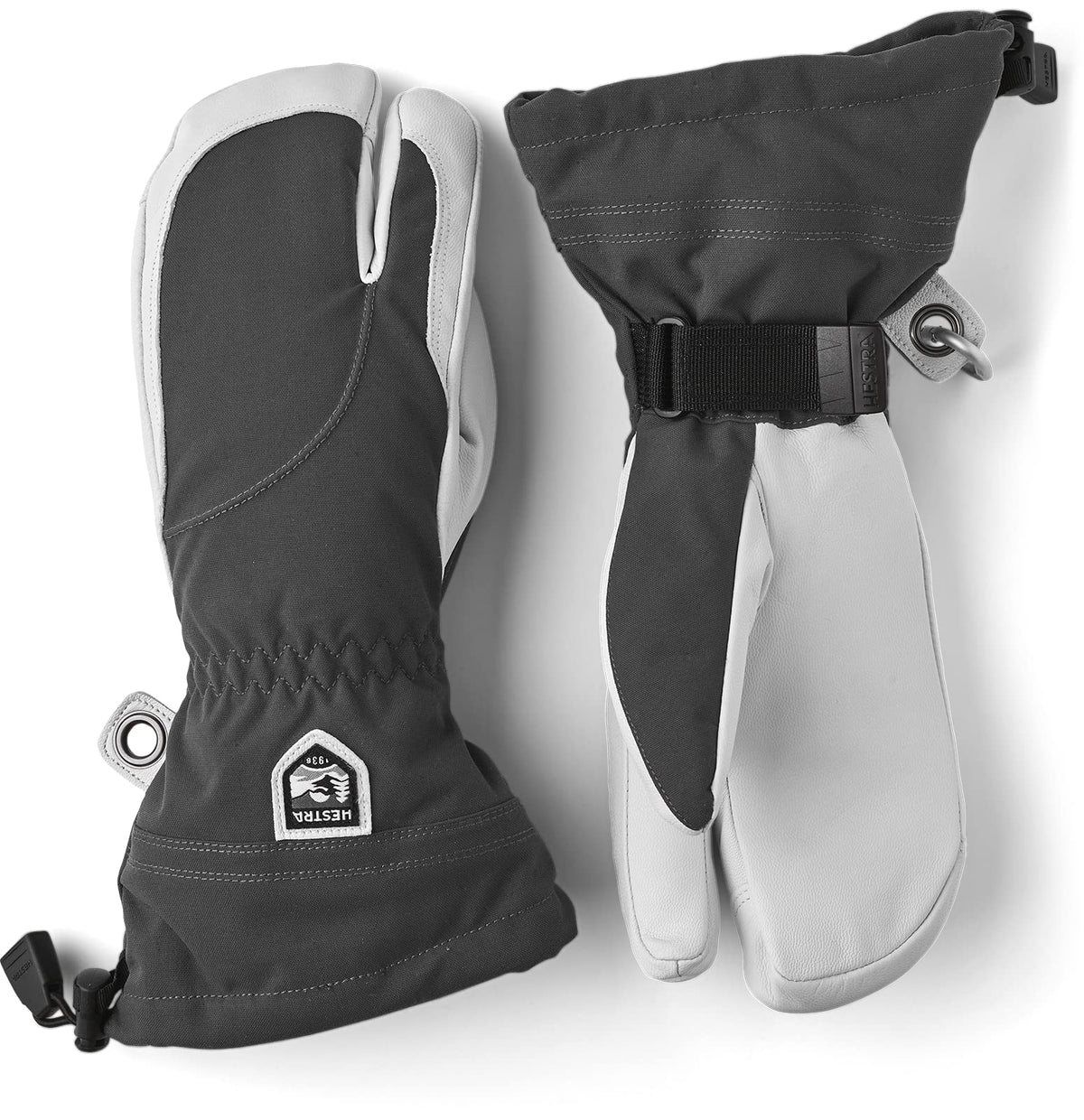 Women's ski gloves in dark gray and off-white with wrist strap and vented cuff design