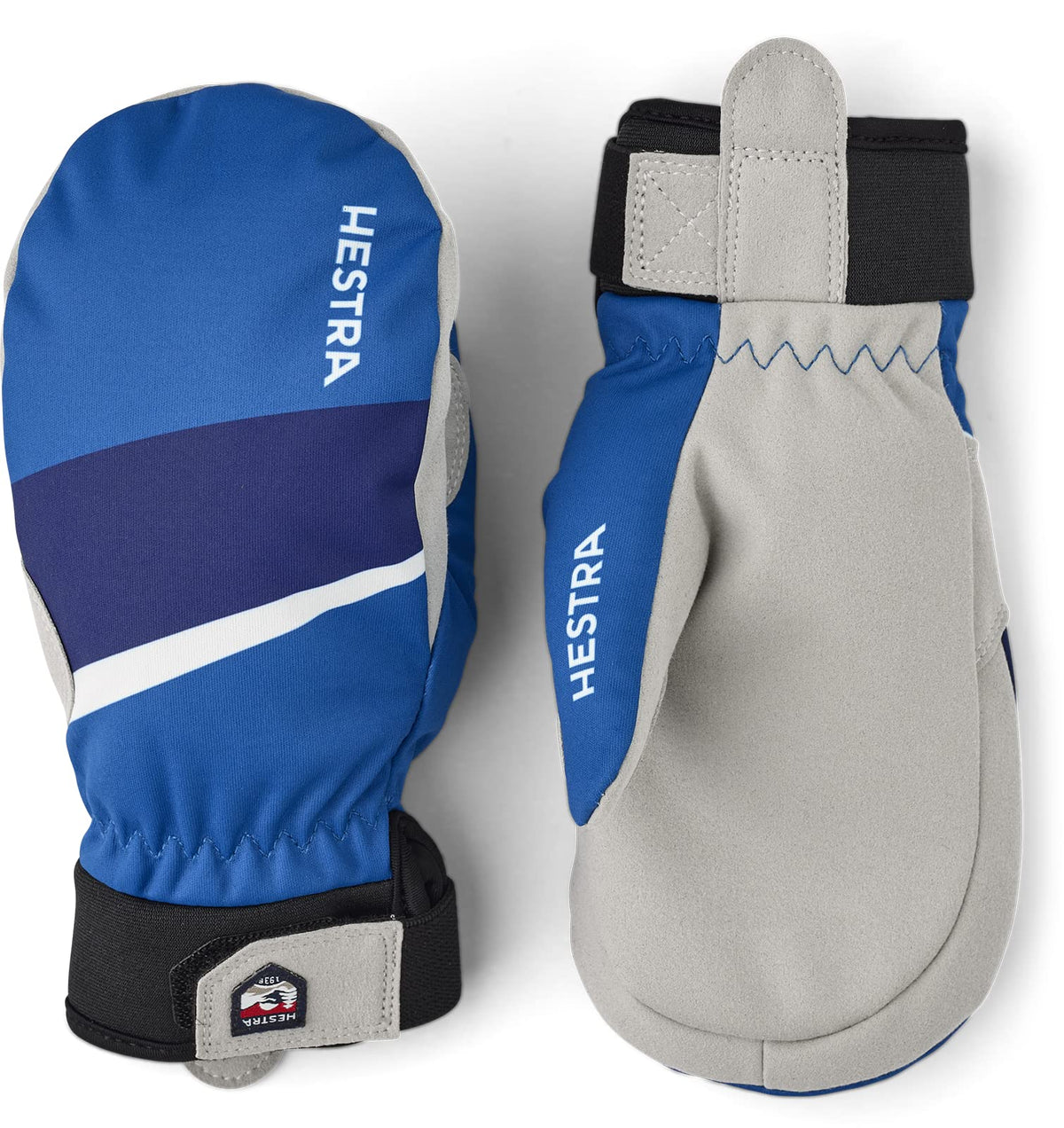 Hestra Tracker Jr. waterproof mittens, royal blue with white stripe and gray palm