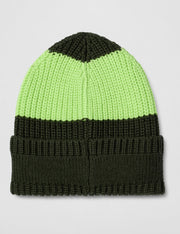 Lime green knit beanie with dark green ribbed cuff band