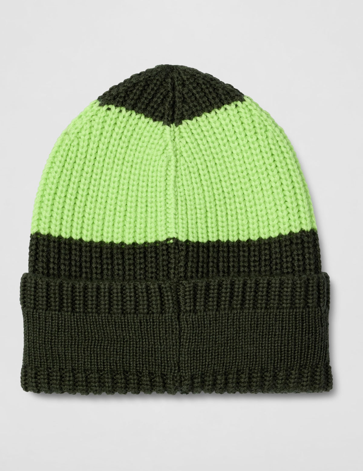 Lime green knit beanie with dark green ribbed cuff band