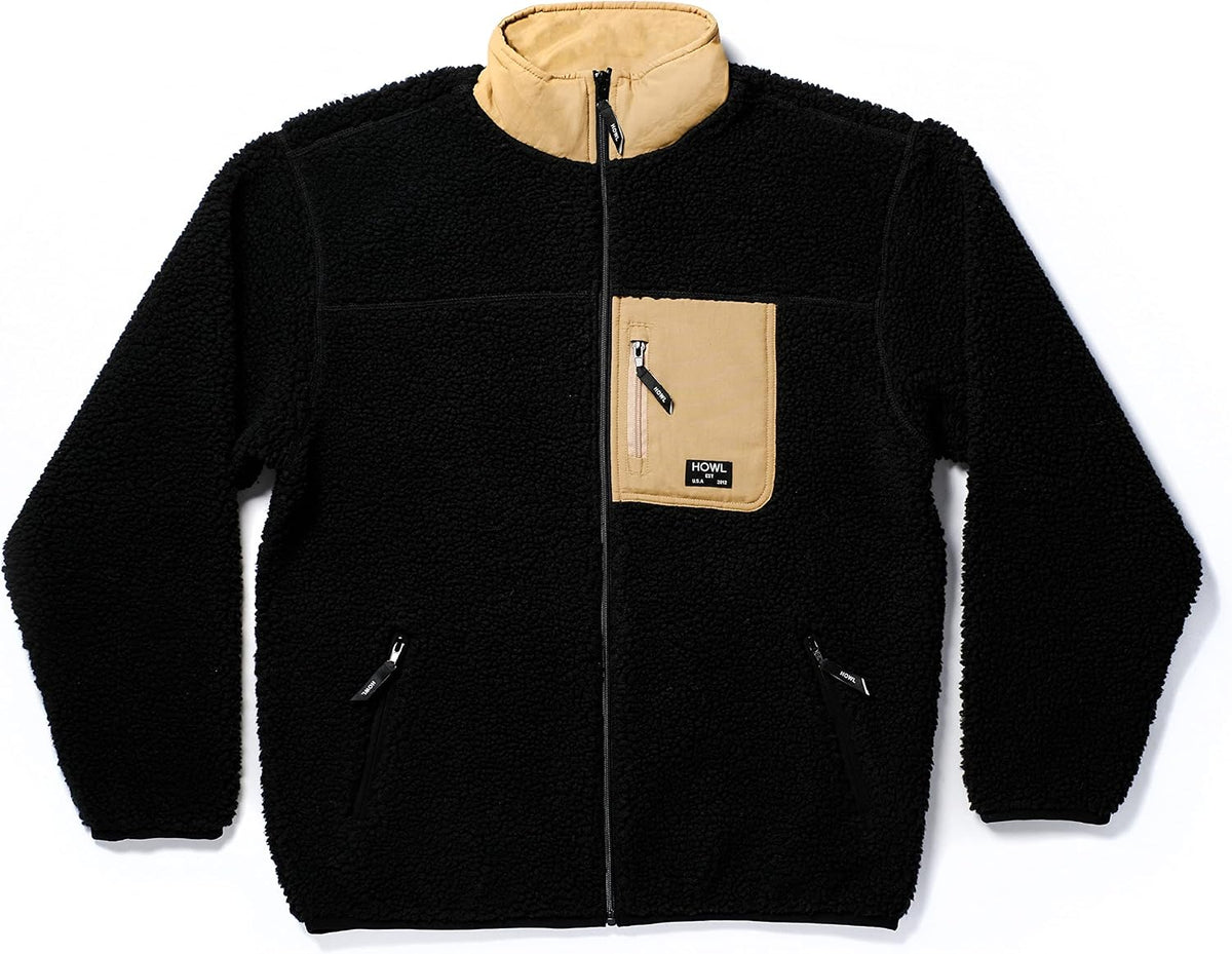 HOWL berber zip fleece jacket in dark charcoal, full-zip with chest pocket patch