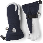 Women's ski gloves in navy and off-white with wrist strap and padded palm
