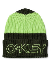 Lime green and dark green knit beanie with ribbed cuff and Oakley logo