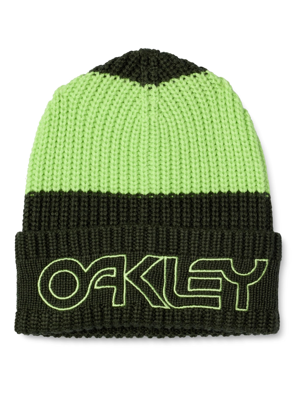 Lime green and dark green knit beanie with ribbed cuff and Oakley logo