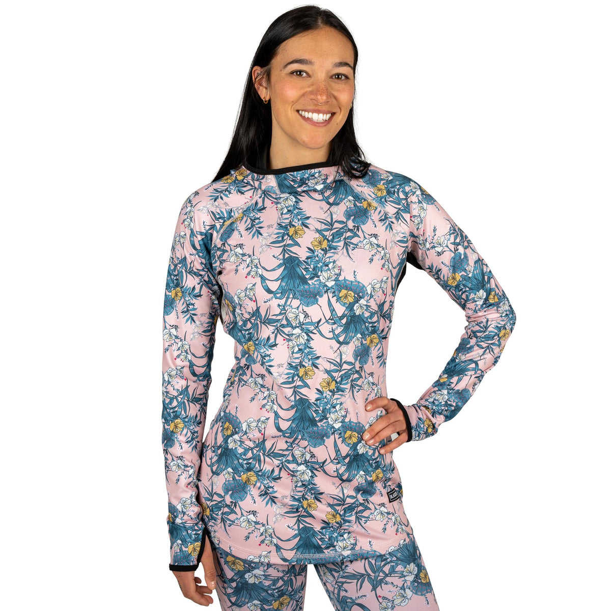 Hooded long-sleeve top in floral print, pink-and-blue pattern with small yellow flowers