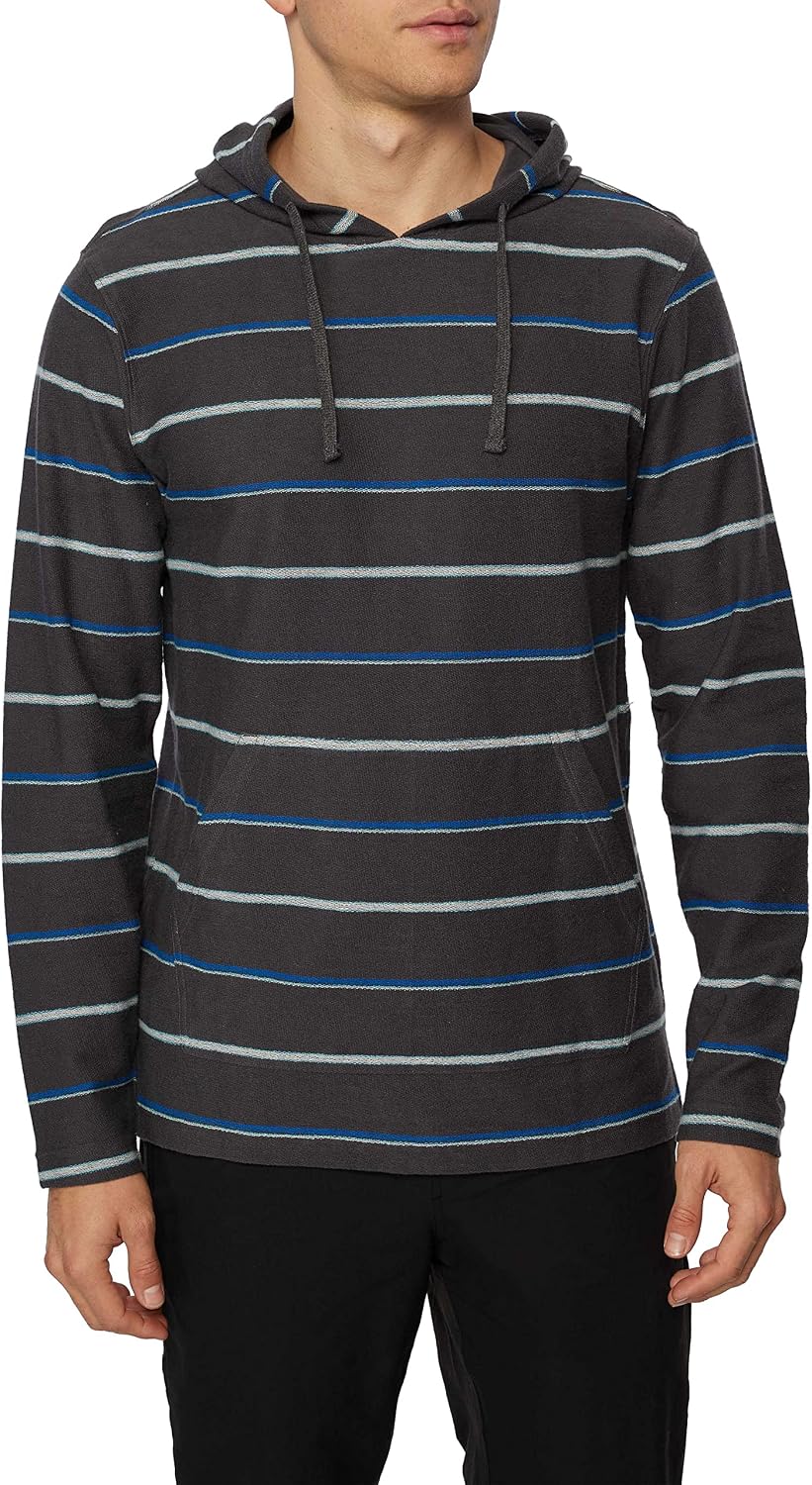 Men's hooded pullover in dark gray with blue horizontal stripes, drawcord