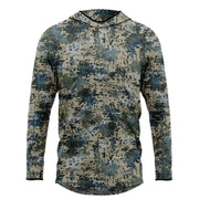 Men’s hooded UV sun shirt, long sleeves, dark blue-green camouflage pattern