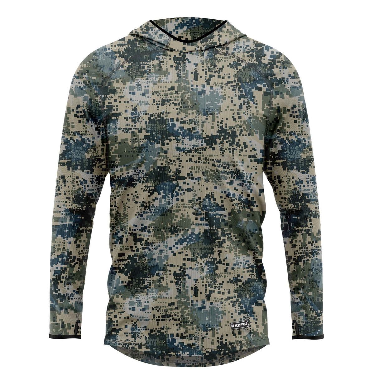 Men’s hooded UV sun shirt, long sleeves, dark blue-green camouflage pattern