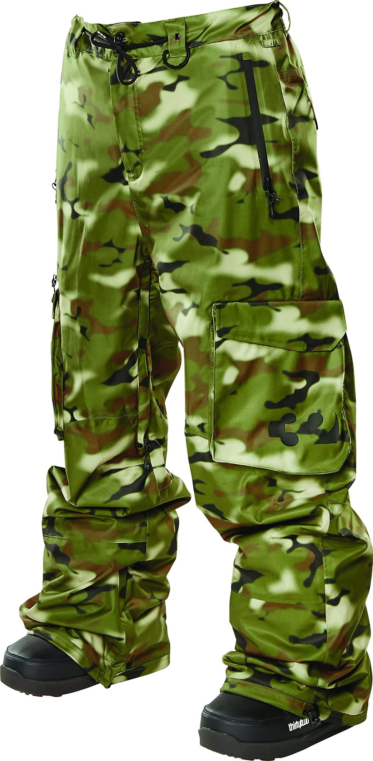 Men's camo cargo snow pants with adjustable drawstring ankle cuffs and thigh pocket