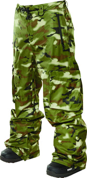 Men's camo cargo snow pants with adjustable drawstring ankle cuffs and thigh pocket