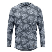 Mens hooded sun shirt in dark charcoal with gray floral palm print, long sleeves