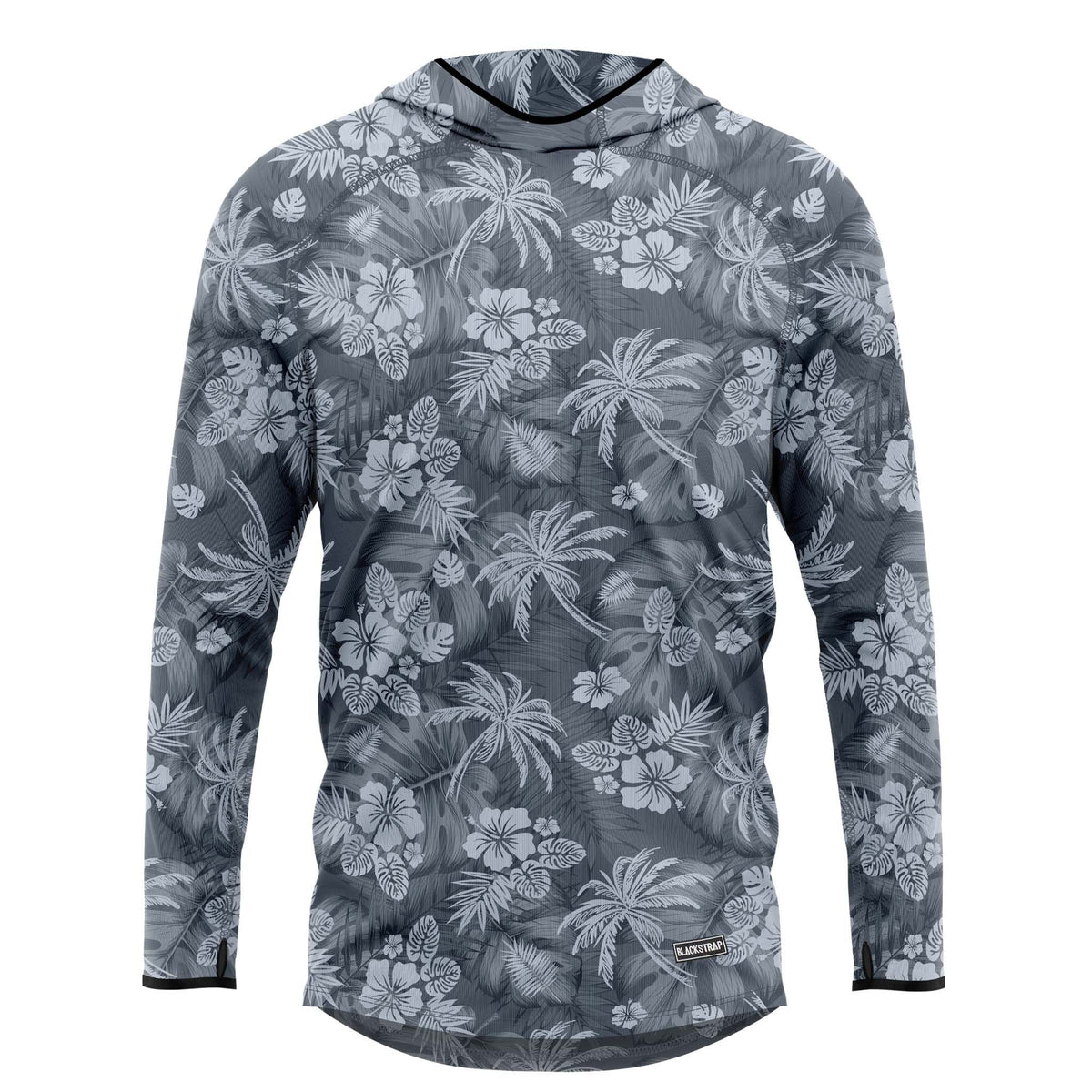 Mens hooded sun shirt in dark charcoal with gray floral palm print, long sleeves