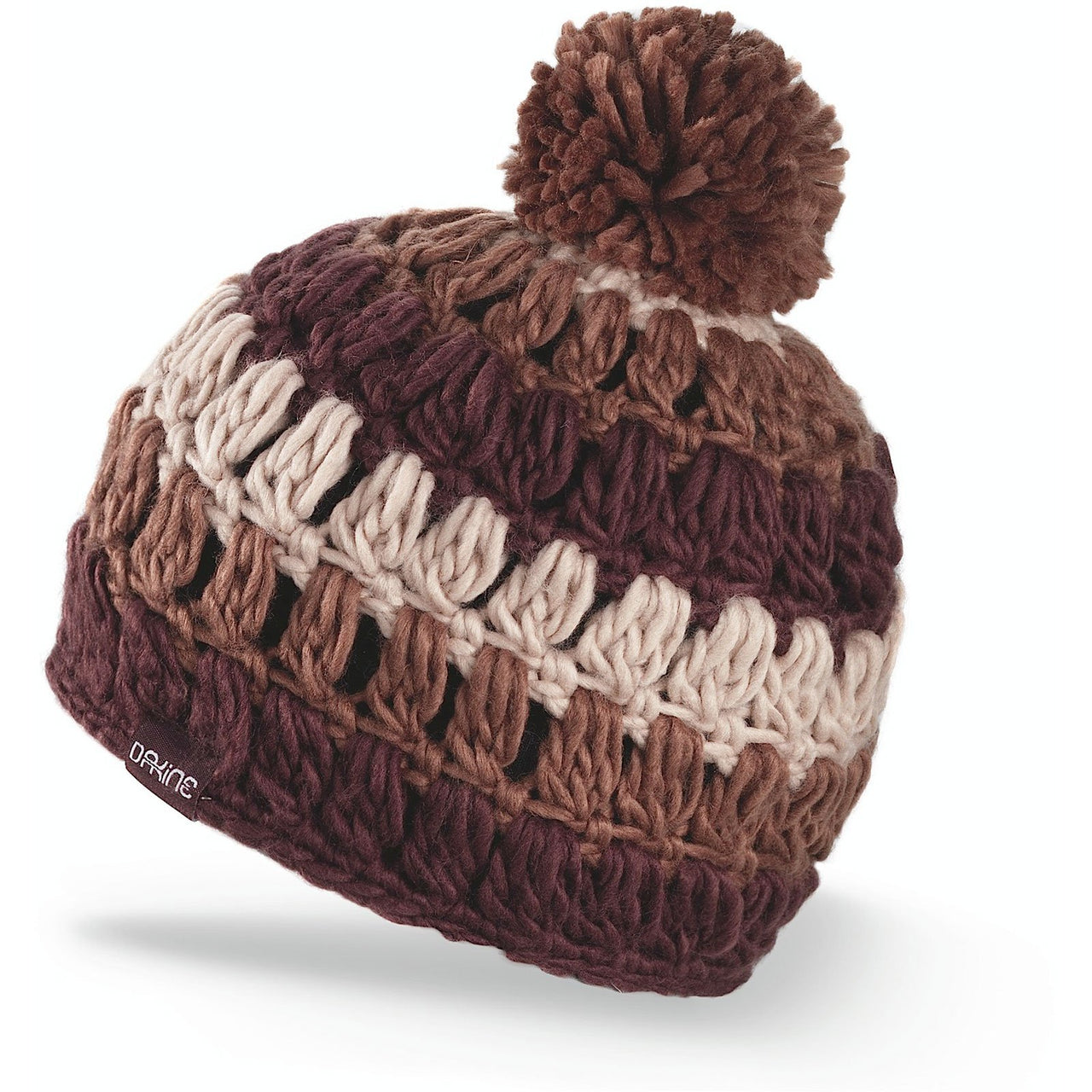 Dakine Erin knit beanie with pom-pom, brown knit and cream stripe pattern