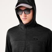 Men's black heather hoodie close-up with adjustable hood, front zipper, chest logo