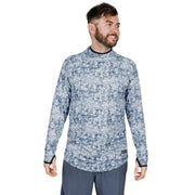 Mens hooded sun shirt in blue speckled camo print, long sleeves, side view