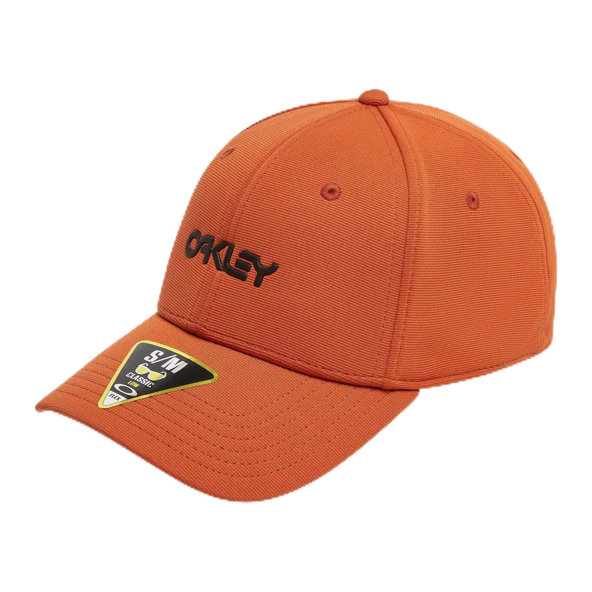 Orange stretch baseball cap with curved brim and embroidered Oakley logo