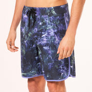 Men's Oakley 19-in board shorts detail, dark blue abstract print with side pocket and drawstring