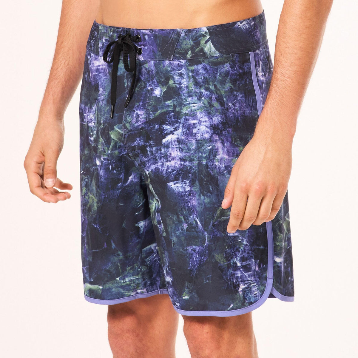 Men's Oakley 19-in board shorts detail, dark blue abstract print with side pocket and drawstring