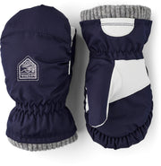 Kids dark navy winter mittens with rib knit cuffs and white thumb panel