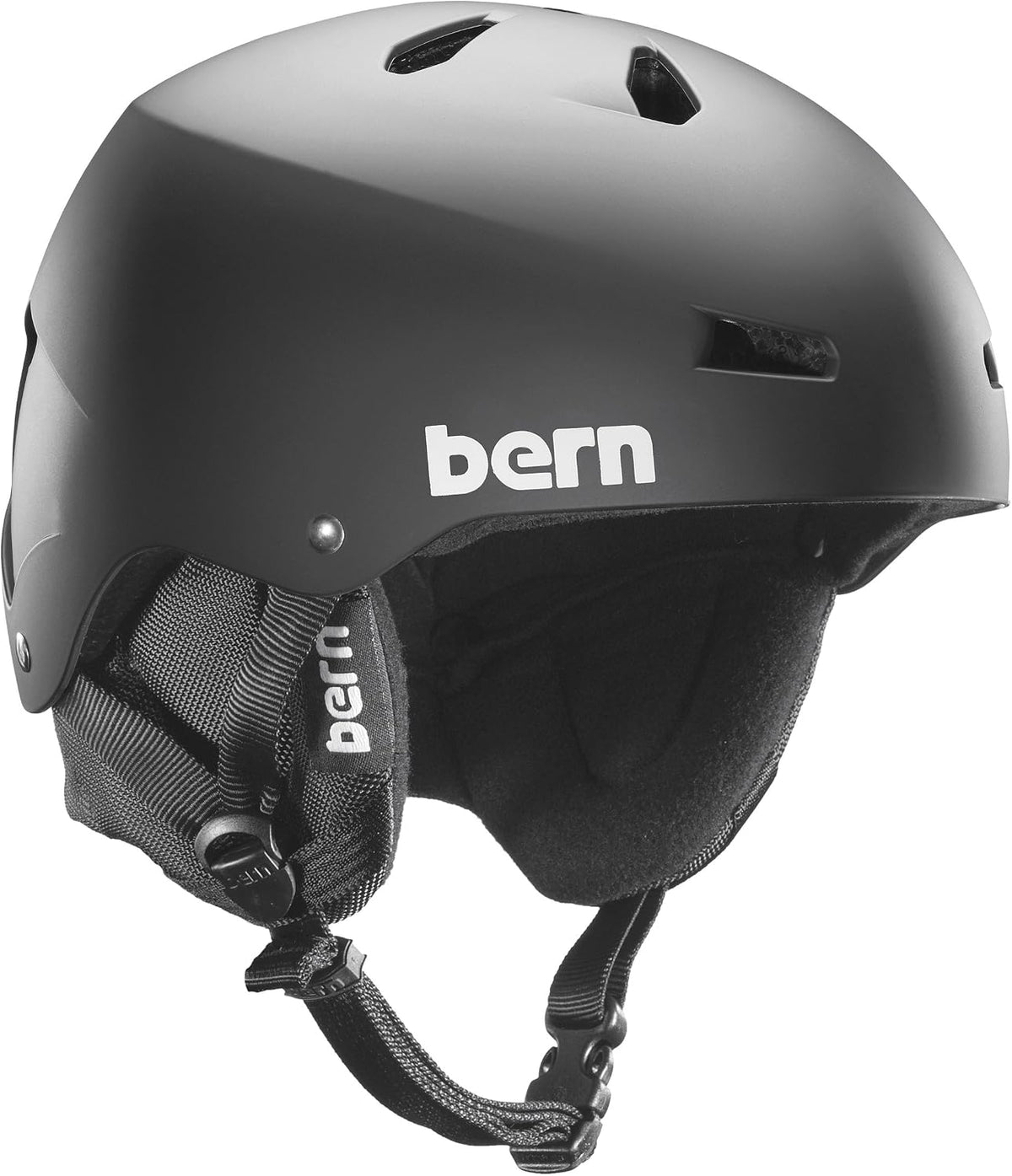 Bern black snow helmet with chin strap and front vent panels