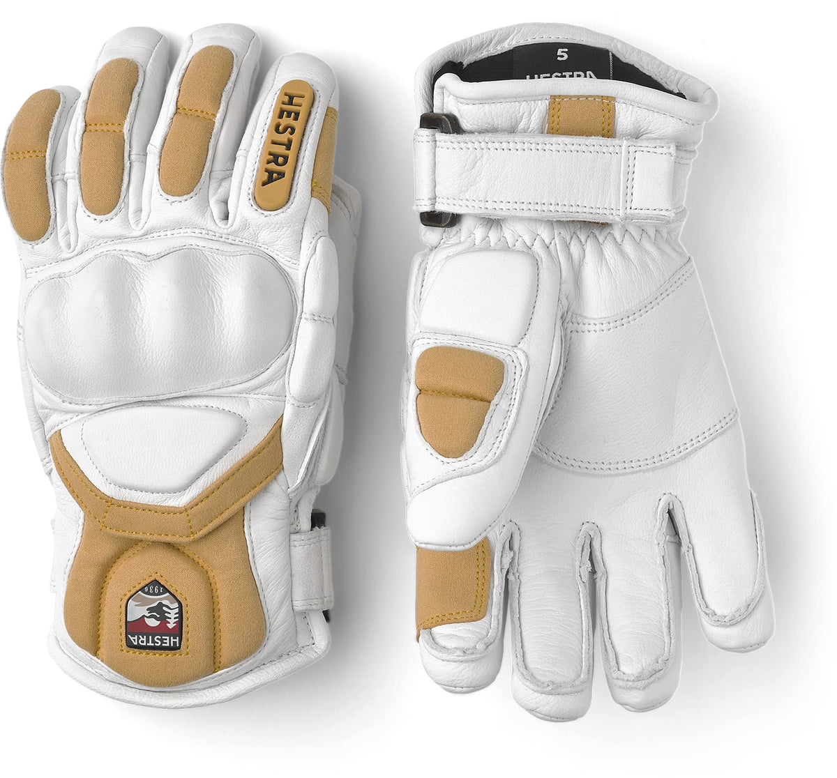Kids insulated leather ski mittens in white with tan patch detailing and strap cuff