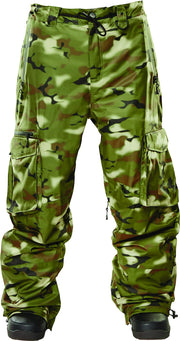 Men's camo winter cargo snow pants with drawstring cuffs and side cargo pockets