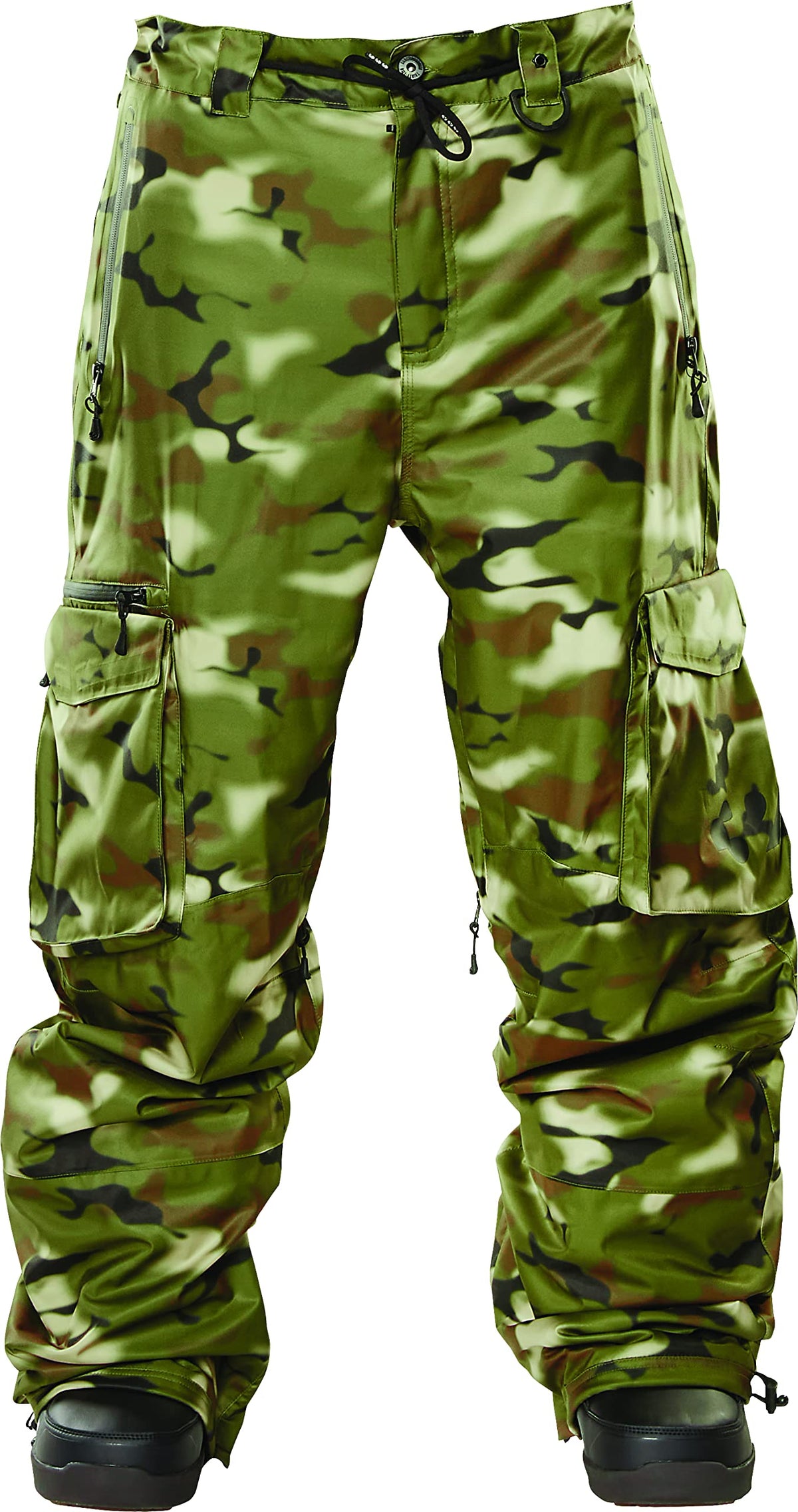 Men's camo winter cargo snow pants with drawstring cuffs and side cargo pockets