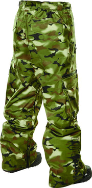 Men's camo cargo snow pants with reinforced seams and side flap cargo pockets