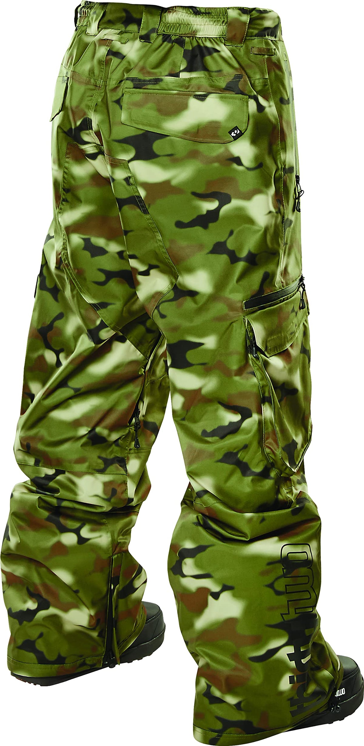 Men's camo cargo snow pants with reinforced seams and side flap cargo pockets