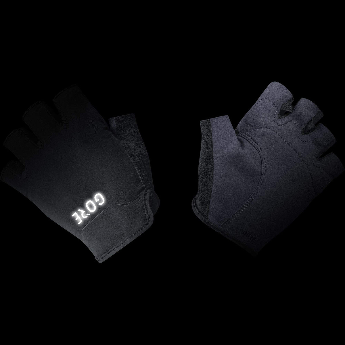 Short finger cycling gloves, black and dark blue-gray pair with logo on palm