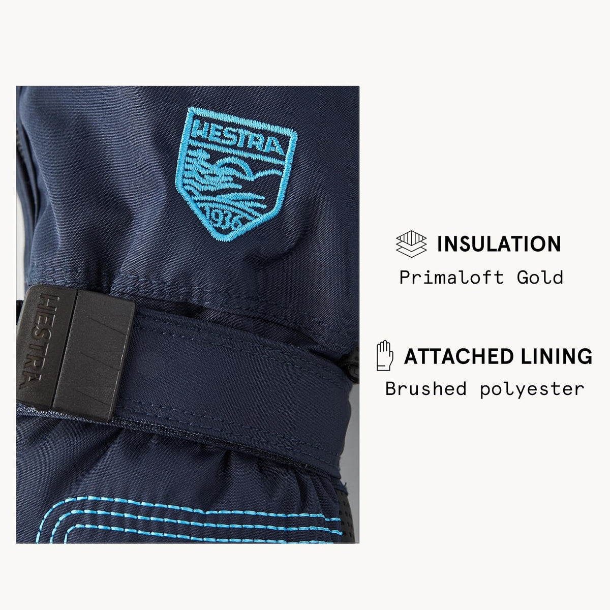 Navy baby long mitt with logo patch and wrist strap with hook-and-loop
