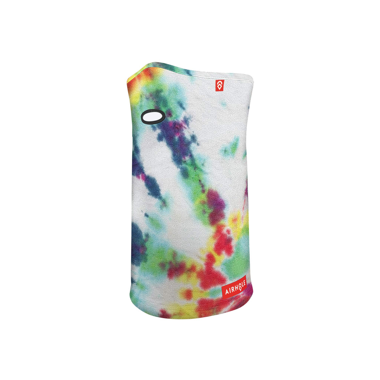 Multicolor tie-dye knit face tube with oval opening and Airhole logo patch