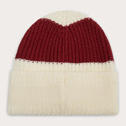 Ribbed knit beanie with cream body and dark red top stripe
