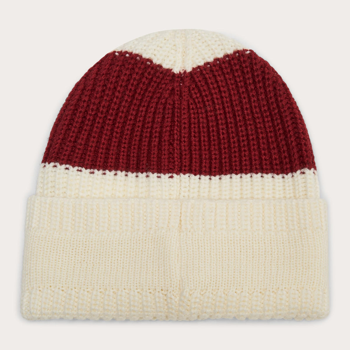 Ribbed knit beanie with cream body and dark red top stripe