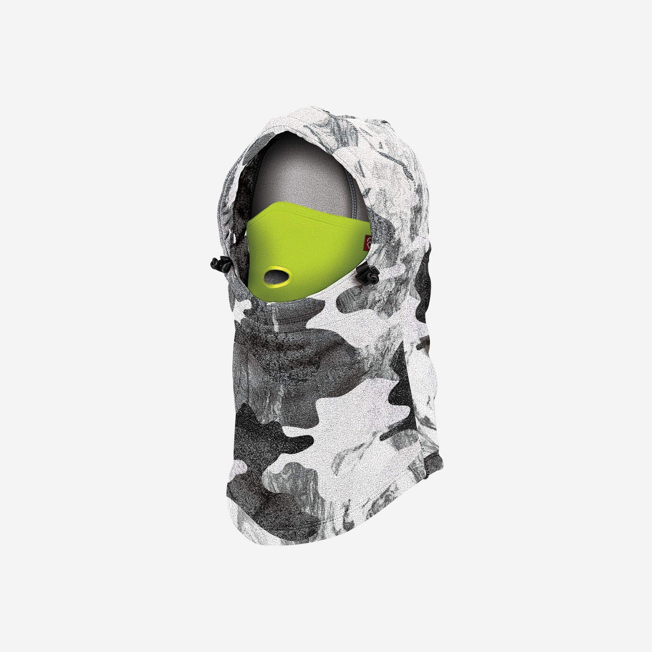 Mineral camo balaclava hood with neon green face opening
