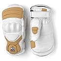 Kids insulated leather mittens, white with tan accents; adjustable wrist strap