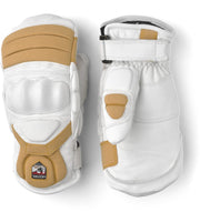 Kids insulated leather mittens in white with tan accents and cuff strap, protective design