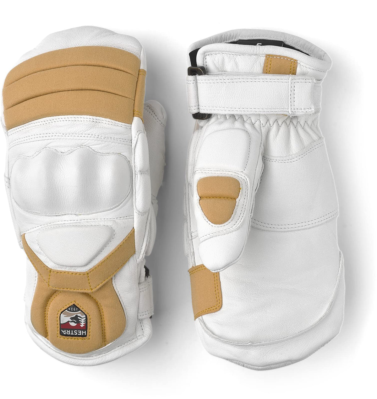 Kids insulated leather mittens in white with tan accents and cuff strap, protective design