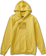 Men's primrose yellow fleece hoodie with hood, kangaroo pocket, and REEF logo