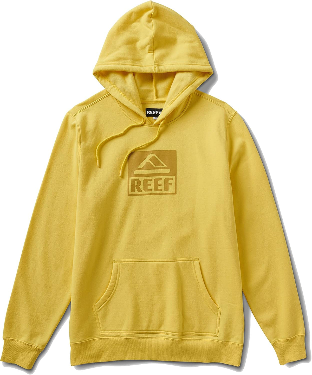 Men's primrose yellow fleece hoodie with hood, kangaroo pocket, and REEF logo