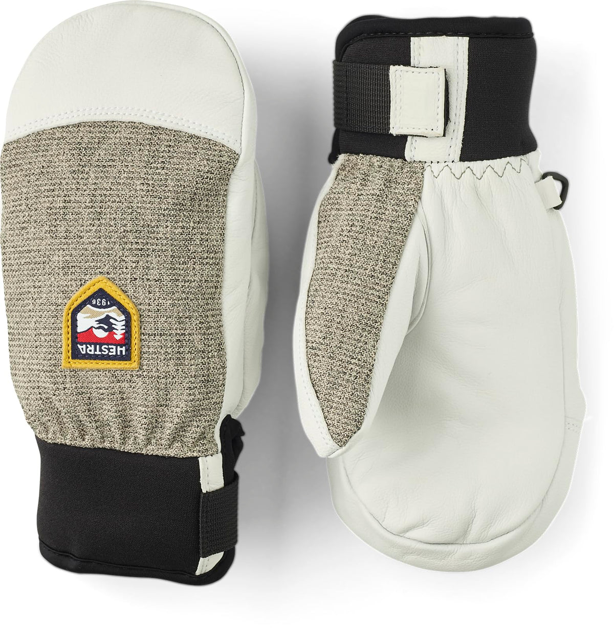 Hestra youth waterproof mittens, light grey and dark grey with padded palms, logo patch